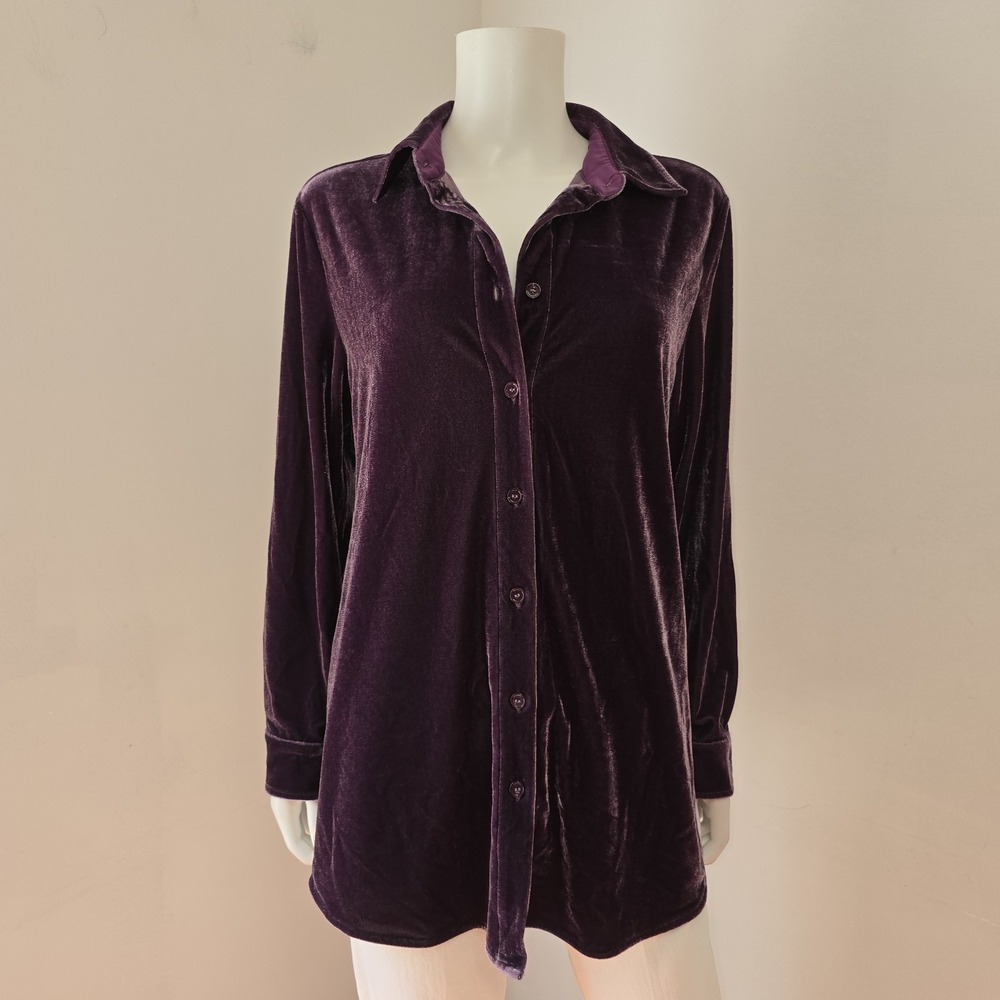 Soft Surroundings Blouse Boyfriend Tunic Shirt Size S Velvet Button Down Purple